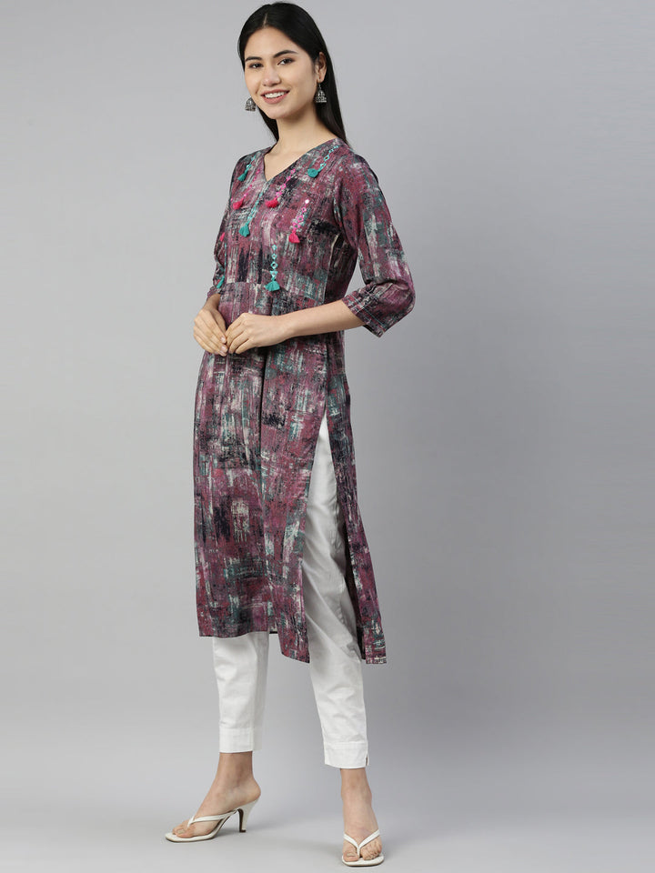 Neerus Purple rayon straight kurta - side view