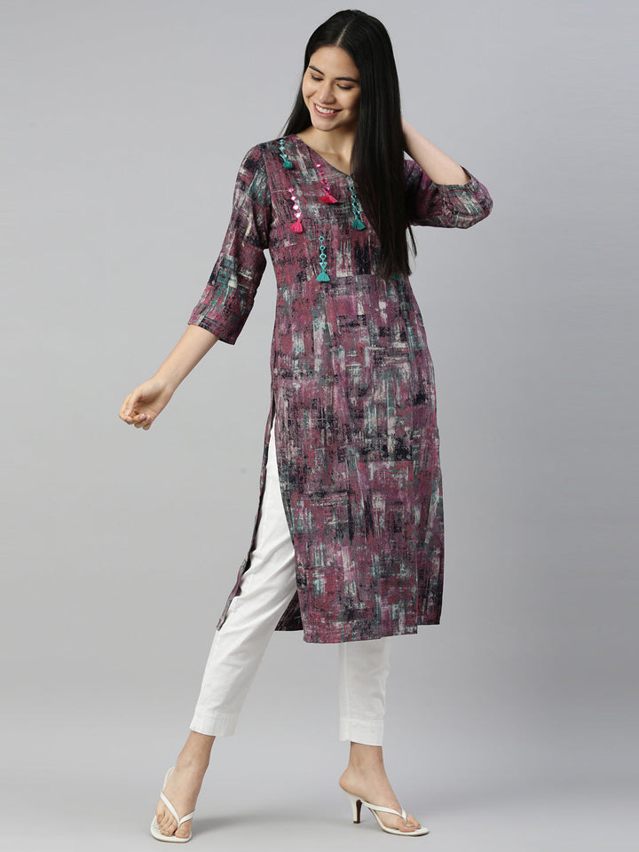 Neerus Purple rayon straight kurta - detail view 3
