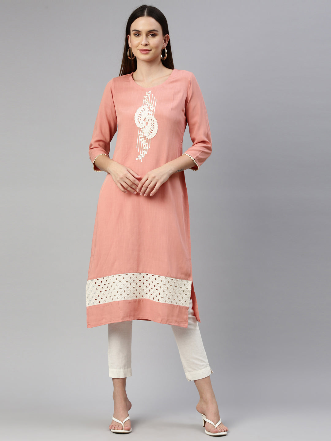 Neerus Orange viscose rayon straight kurti - detail view 6