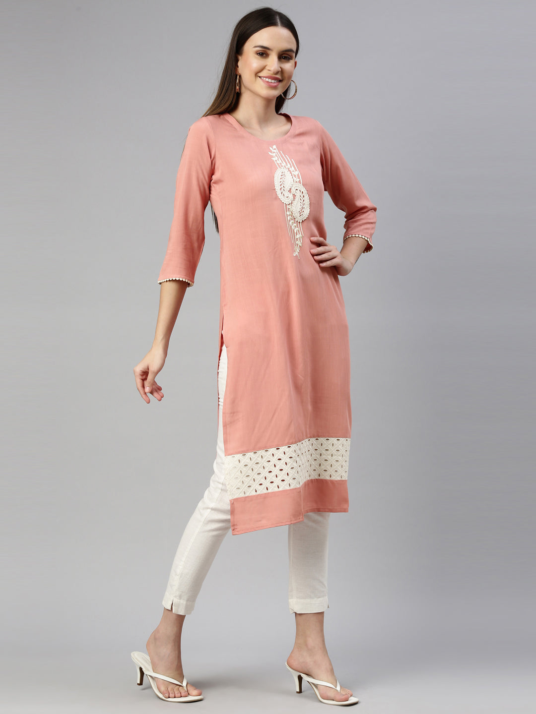 Neerus Orange viscose rayon straight kurti - detail view 1