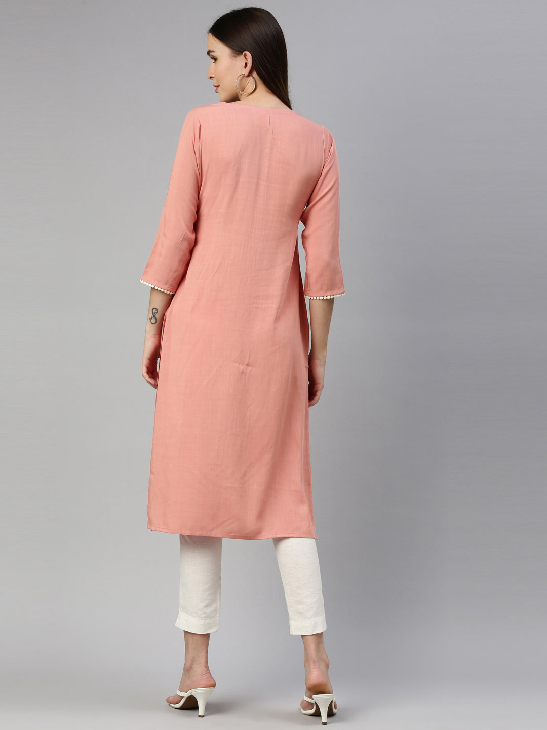 Neerus Orange viscose rayon straight kurti - detail view 2