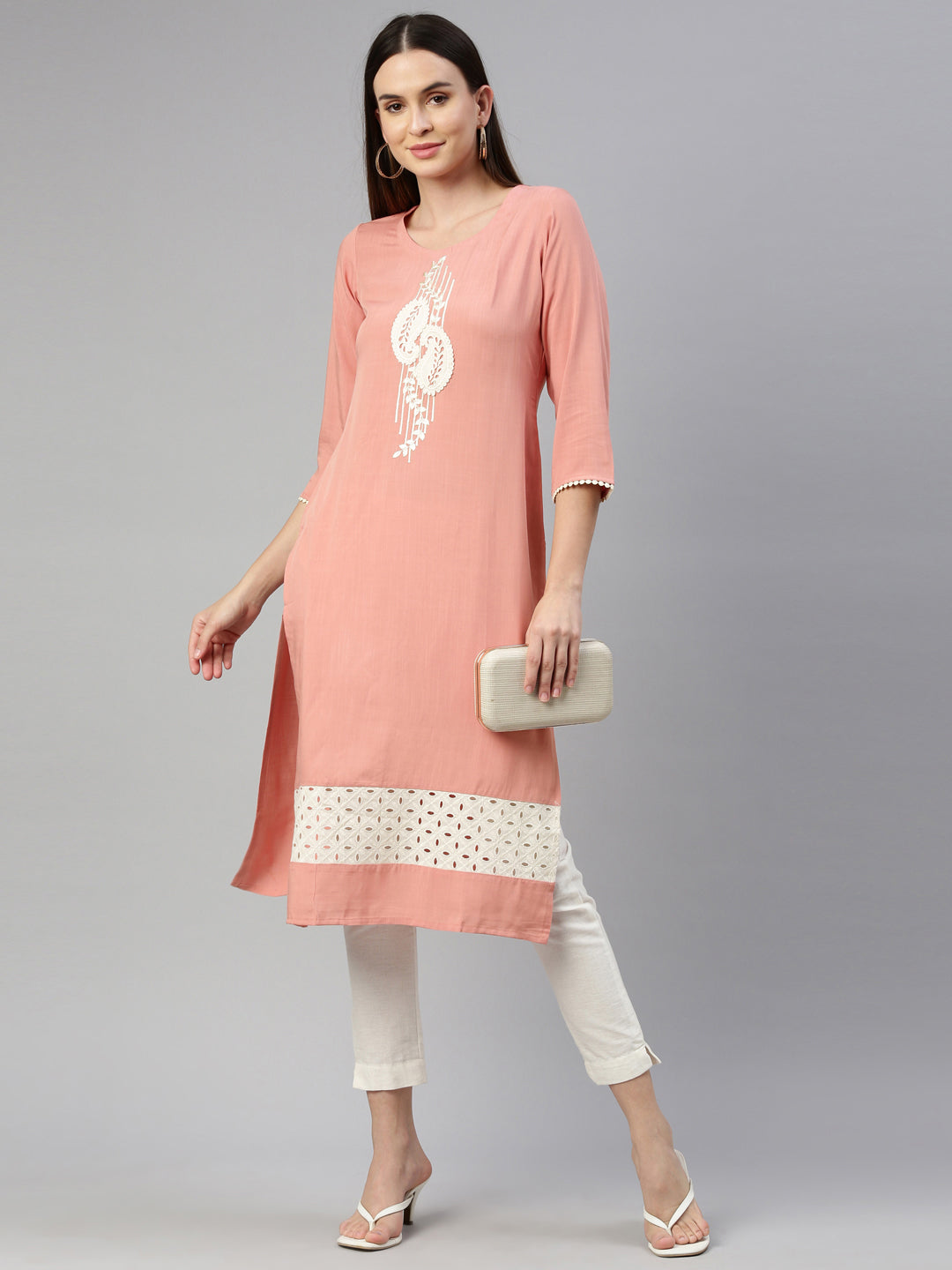 Neerus Orange viscose rayon straight kurti - detail view 3