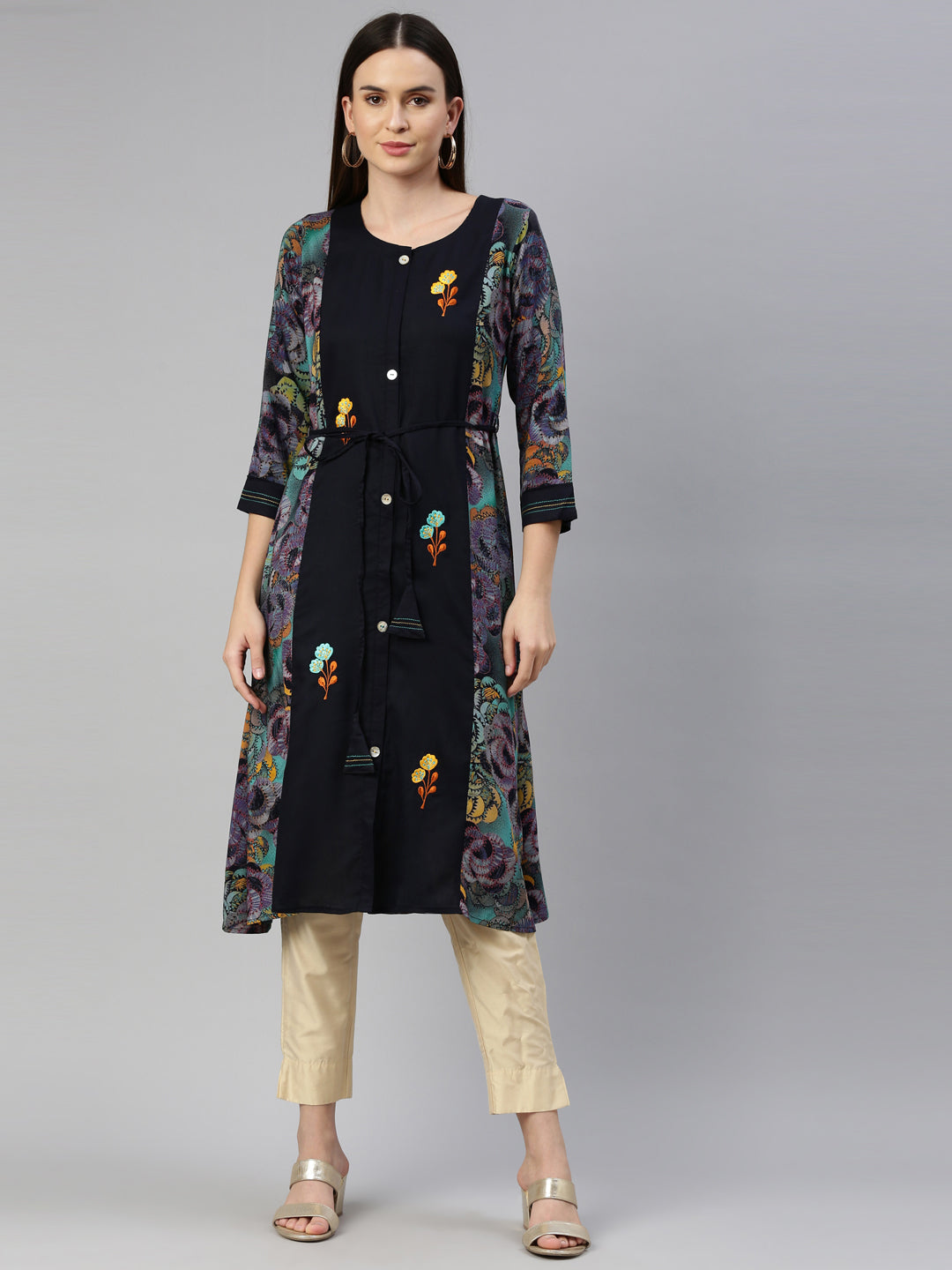 Neerus Blue rayon straight kurta - front view