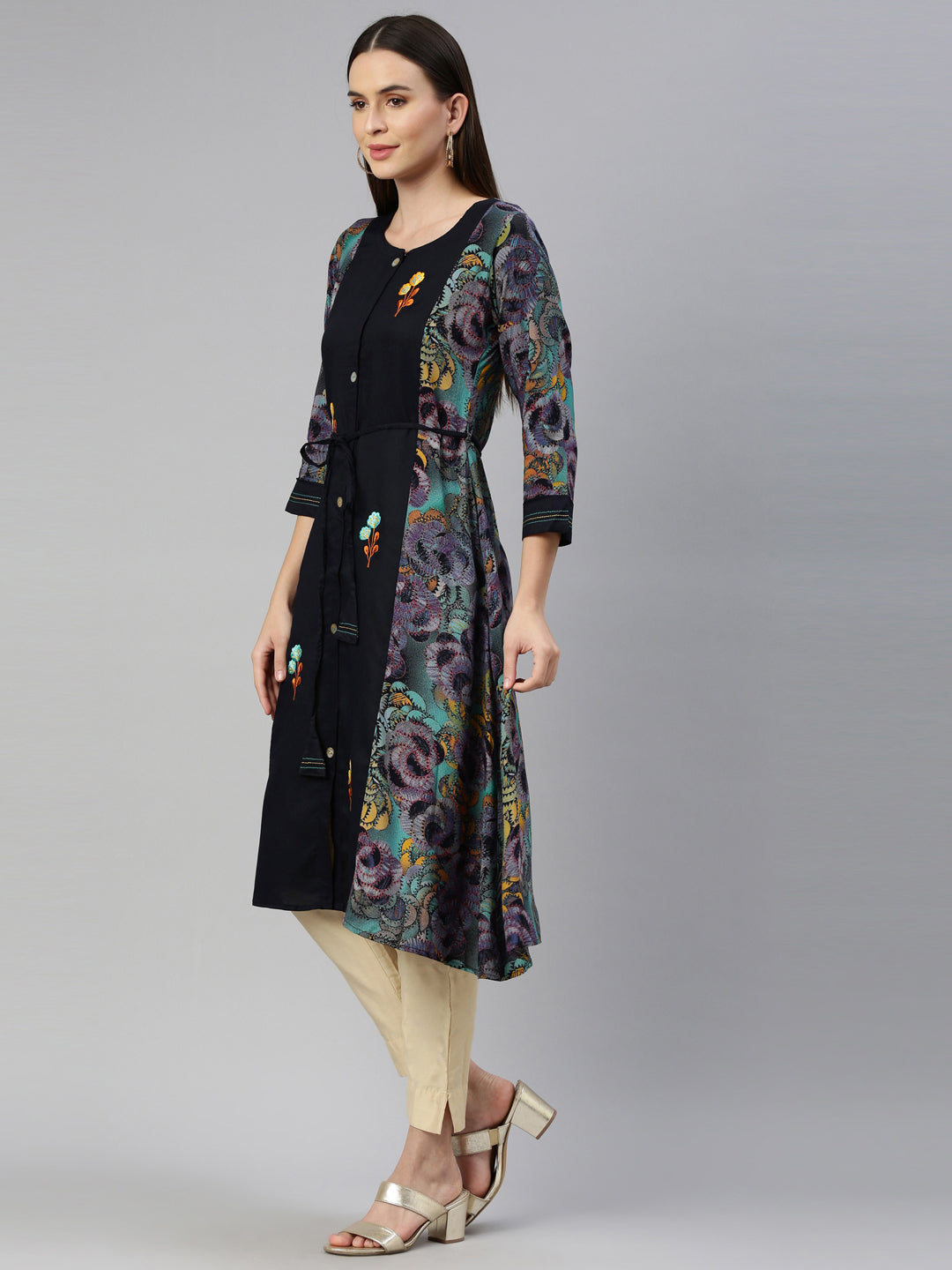 Neerus Blue rayon straight kurta - side view