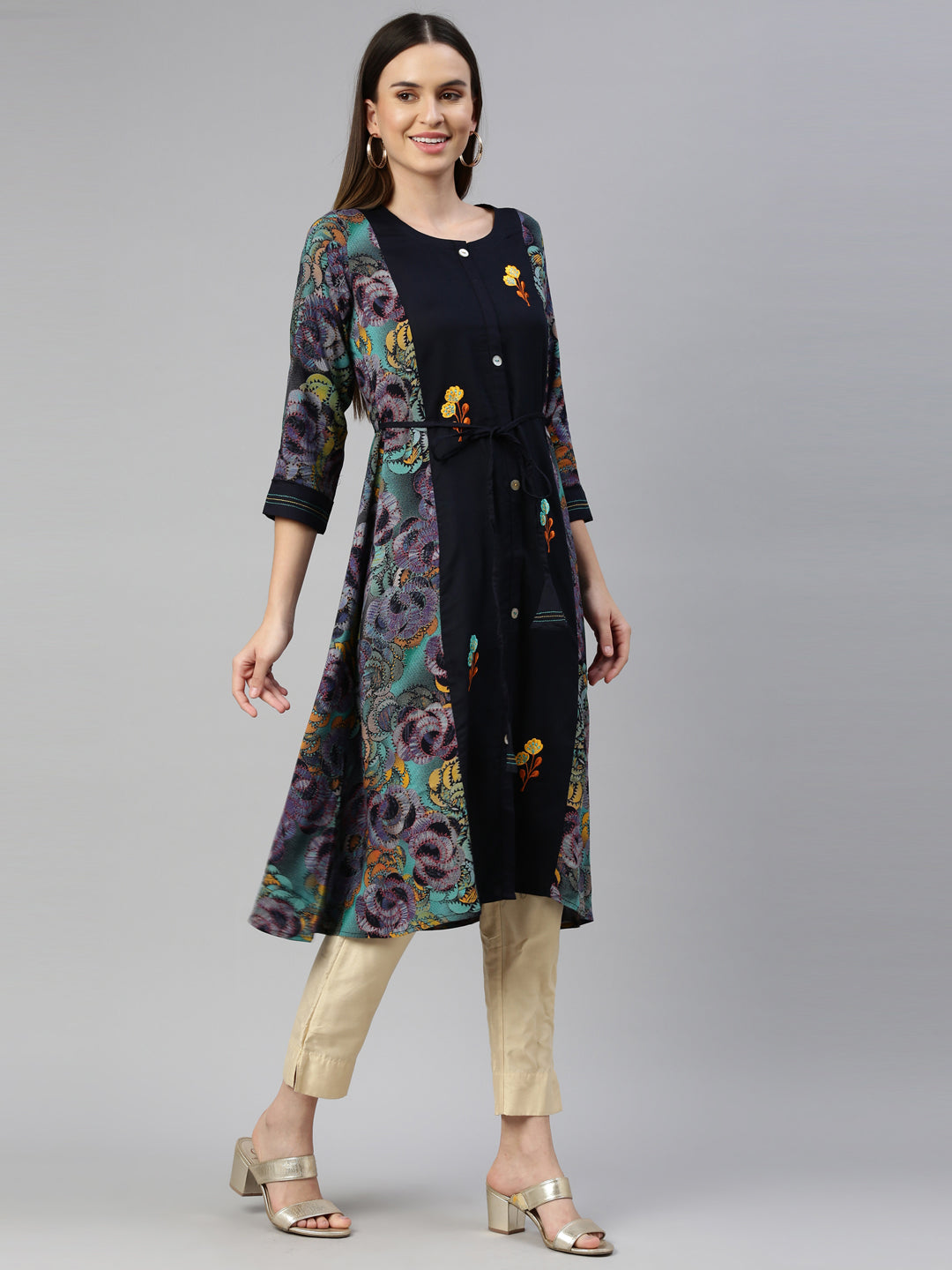 Neerus Blue rayon straight kurta - detail view 1