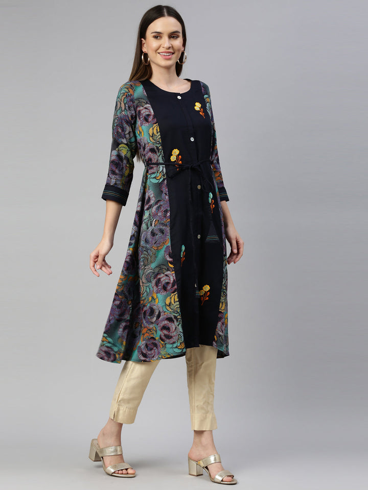 Neerus Blue rayon straight kurta - detail view 1