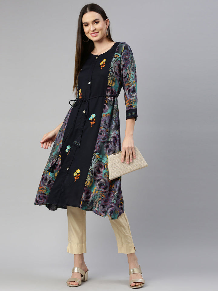 Neerus Blue rayon straight kurta - detail view 3
