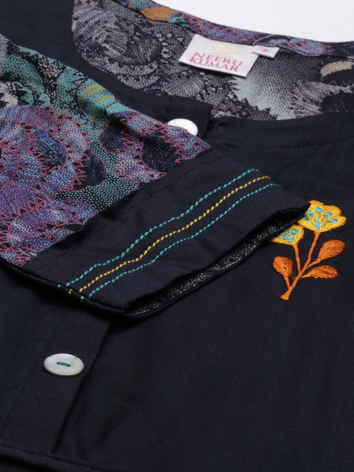 Neerus Blue rayon straight kurta - detail view 4