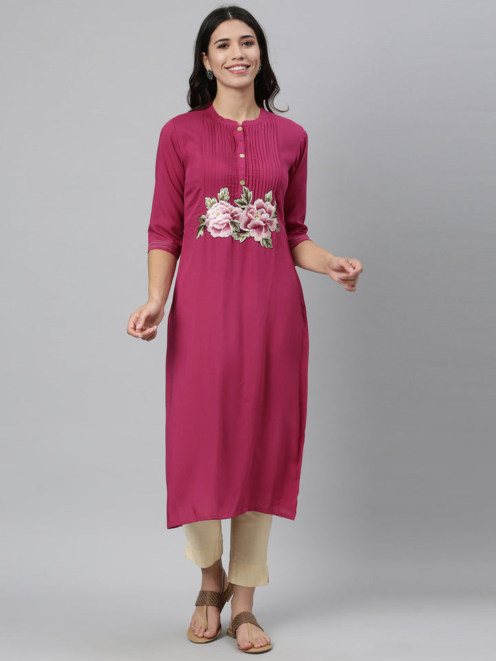 Neerus Pink viscose rayon printed straight kurti - detail view 5