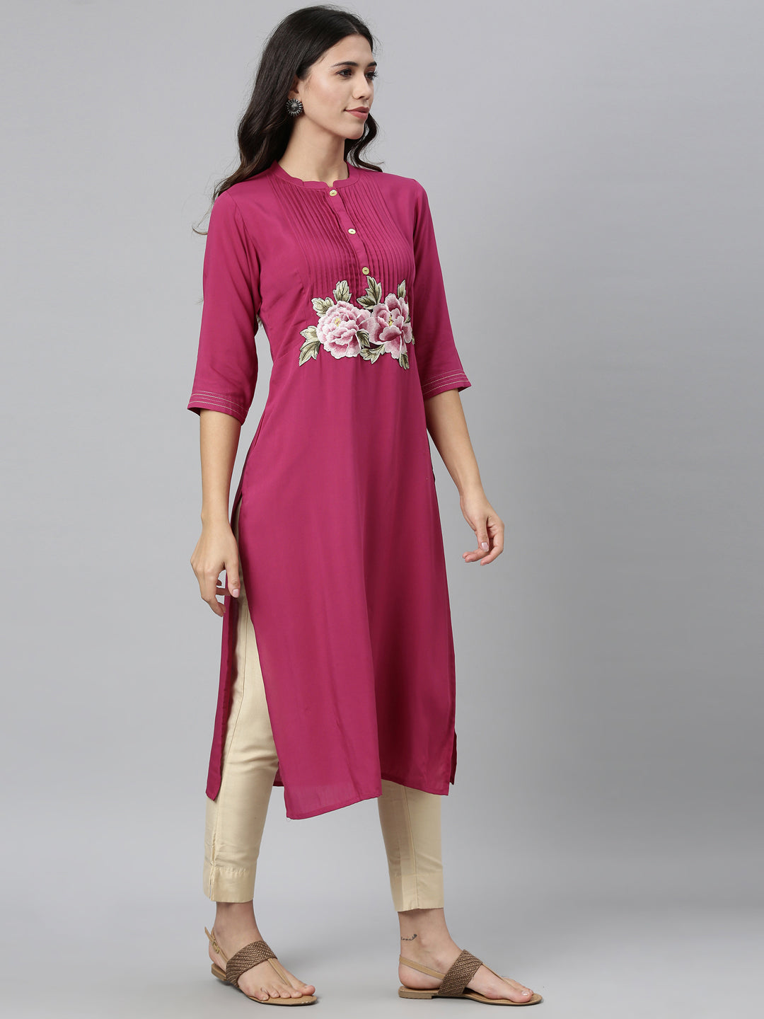 Neerus Pink viscose rayon printed straight kurti - front view