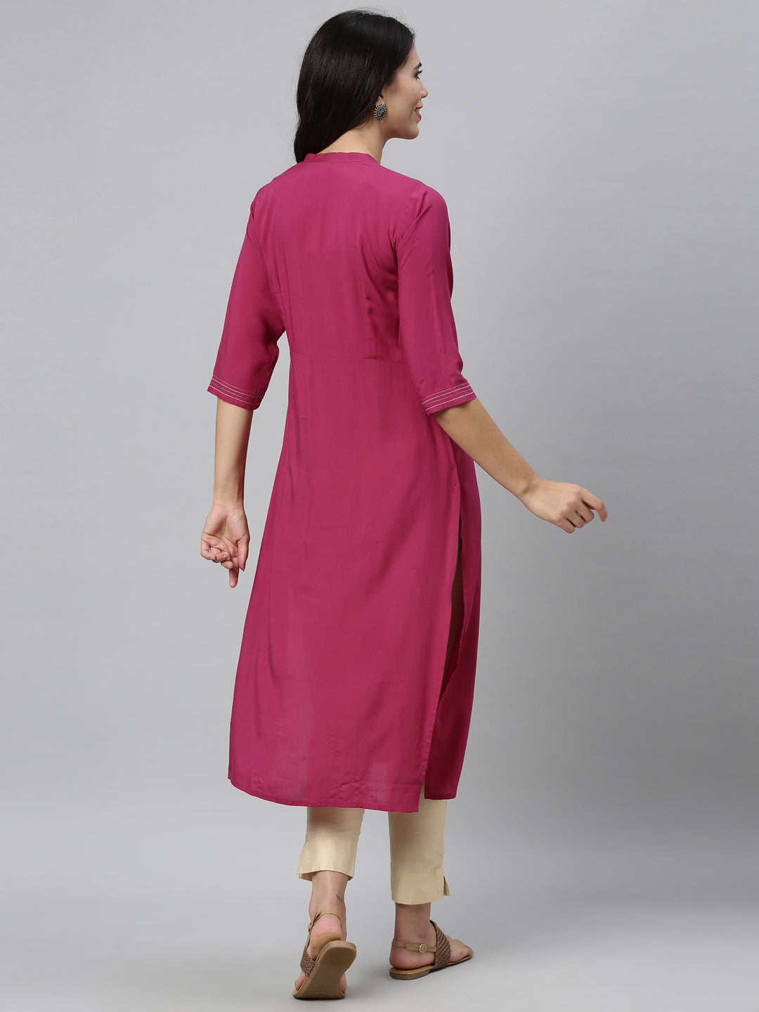 Neerus Pink viscose rayon printed straight kurti - back view