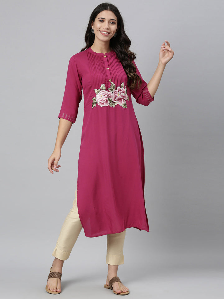 Neerus Pink viscose rayon printed straight kurti - detail view 1