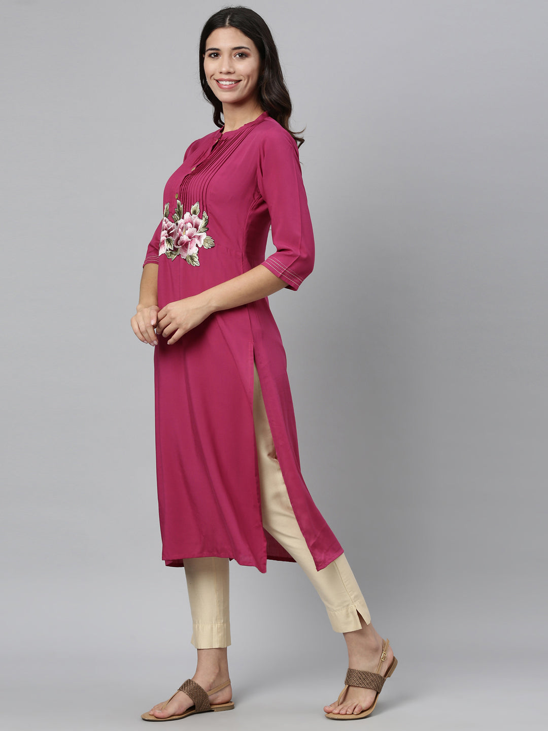 Neerus Pink viscose rayon printed straight kurti - detail view 2