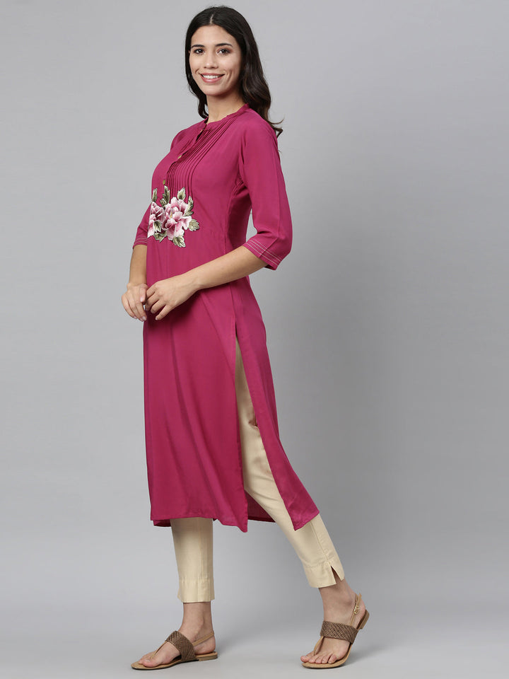 Neerus Pink viscose rayon printed straight kurti - detail view 2