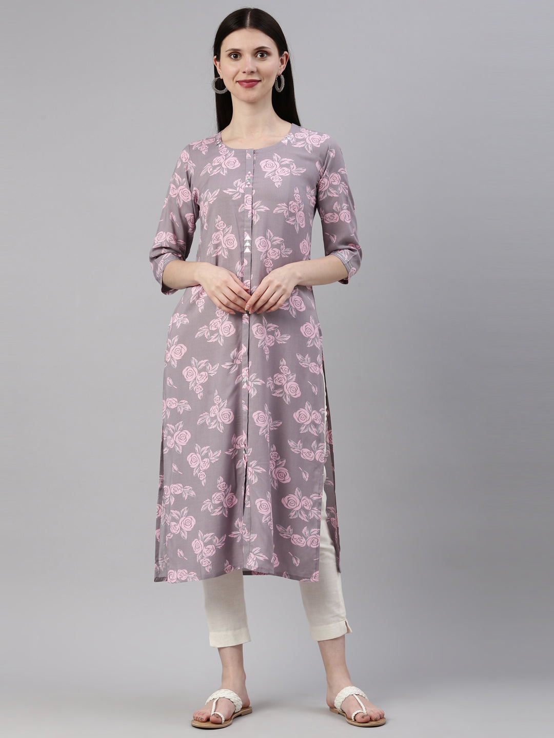 Neerus Grey rayon printed kurti - detail view 6