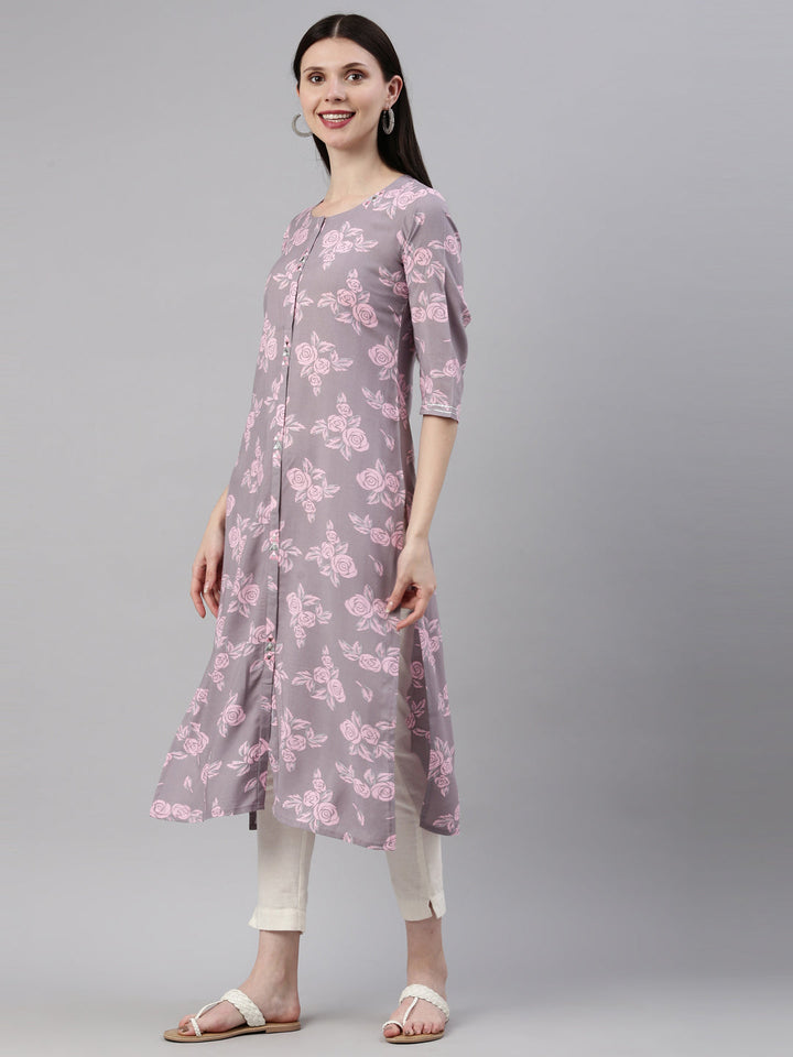 Neerus Grey rayon printed kurti - side view