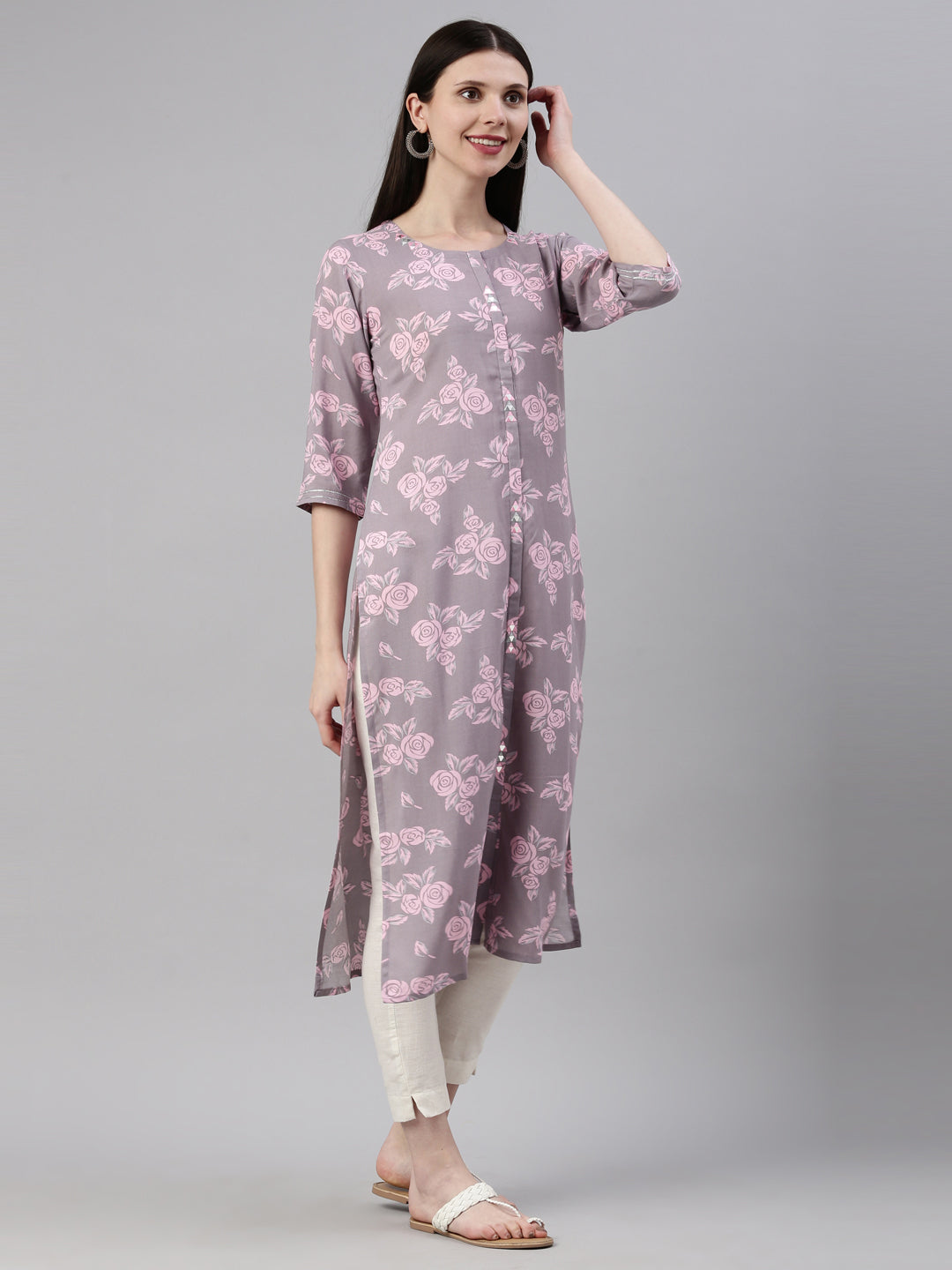 Neerus Grey rayon printed kurti - detail view 1
