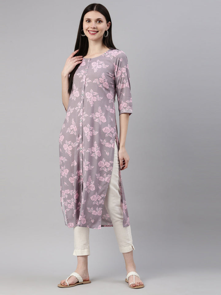 Neerus Grey rayon printed kurti - detail view 3