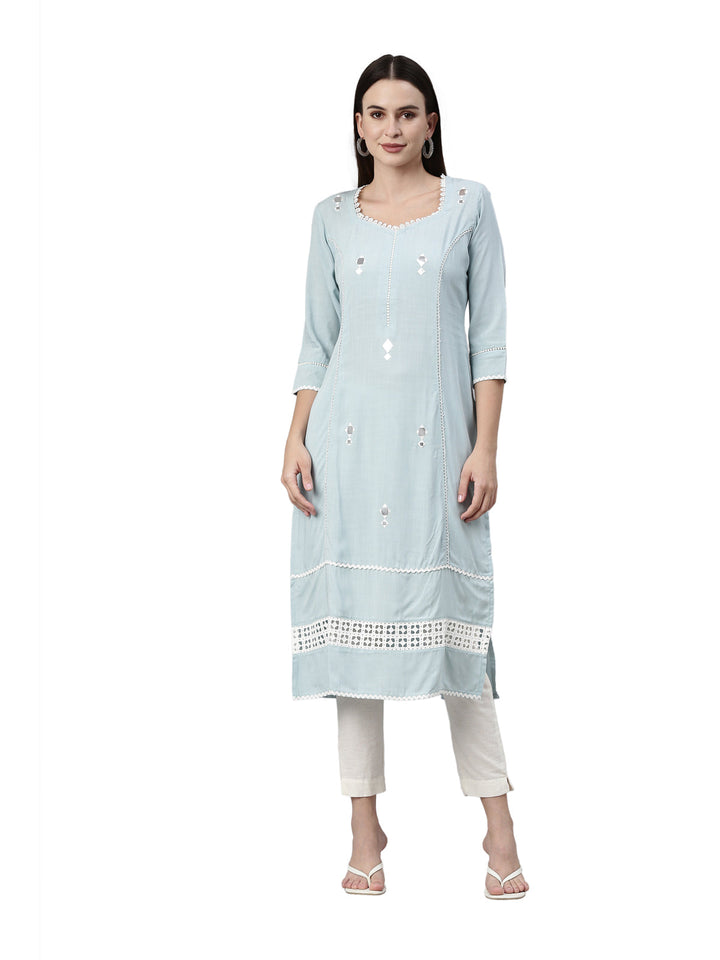 Neerus Blue viscose rayon chikankari kurti - front view