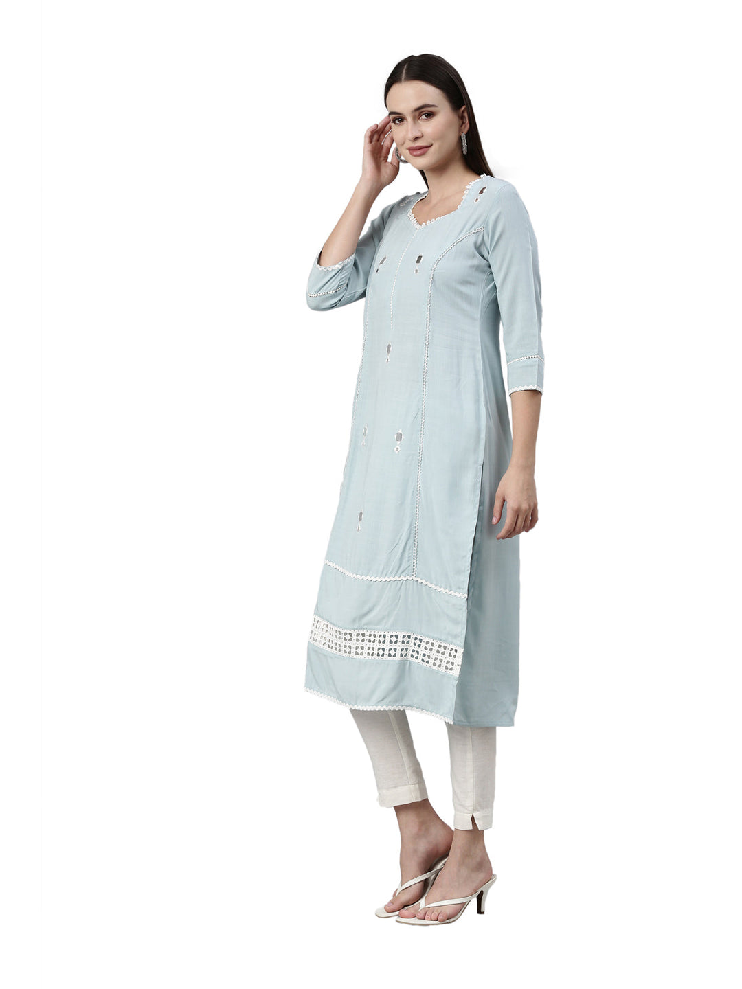Neerus Blue viscose rayon chikankari kurti - side view