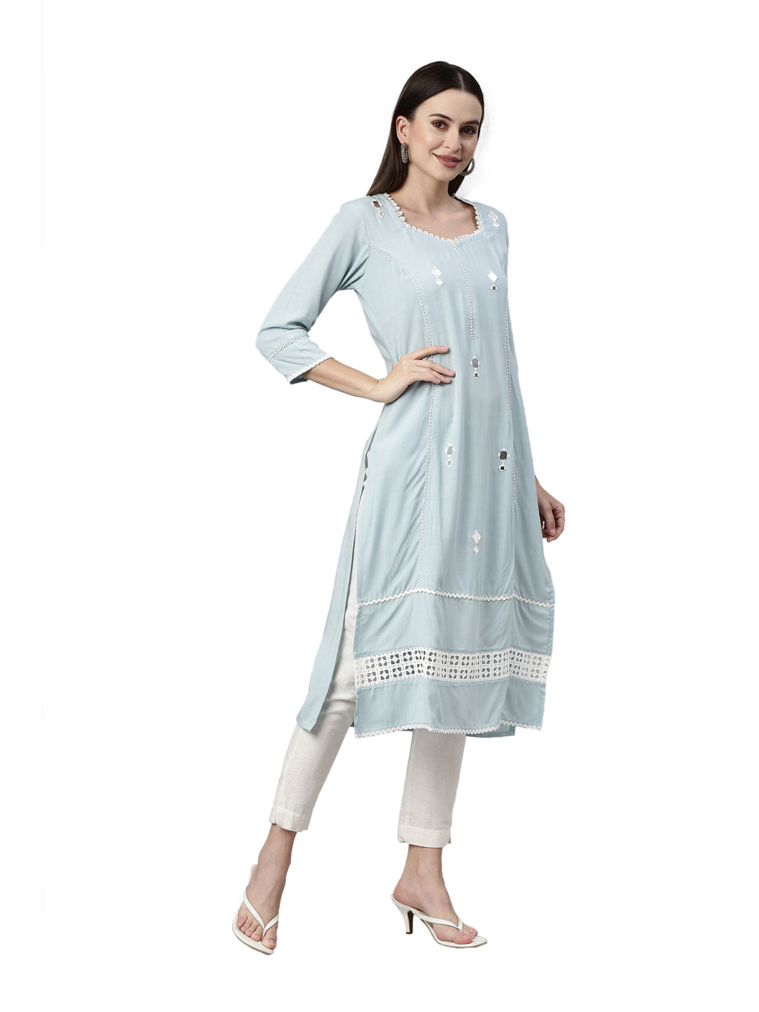 Neerus Blue viscose rayon chikankari kurti - detail view 1