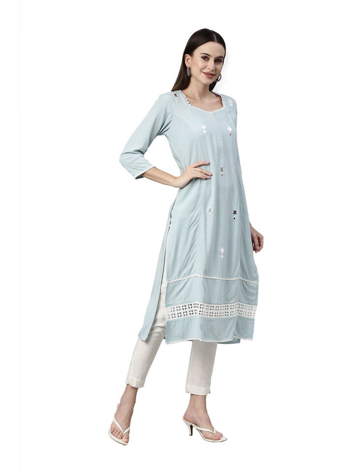 Neerus Blue viscose rayon chikankari kurti - detail view 1