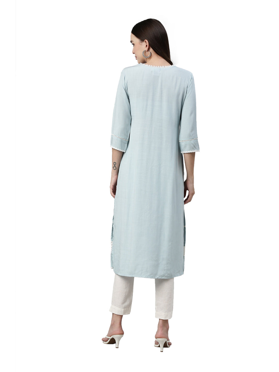 Neerus Blue viscose rayon chikankari kurti - detail view 2