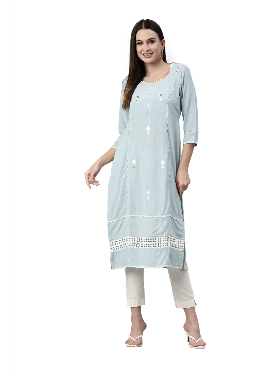 Neerus Blue viscose rayon chikankari kurti - detail view 3