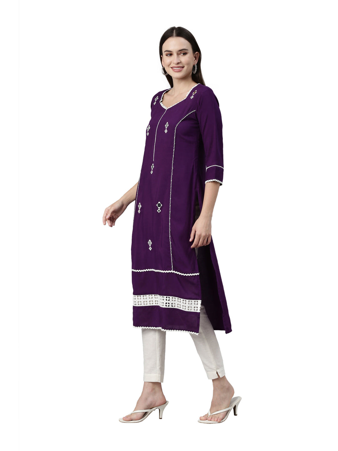Neerus Purple rayon solid straight kurti - back view