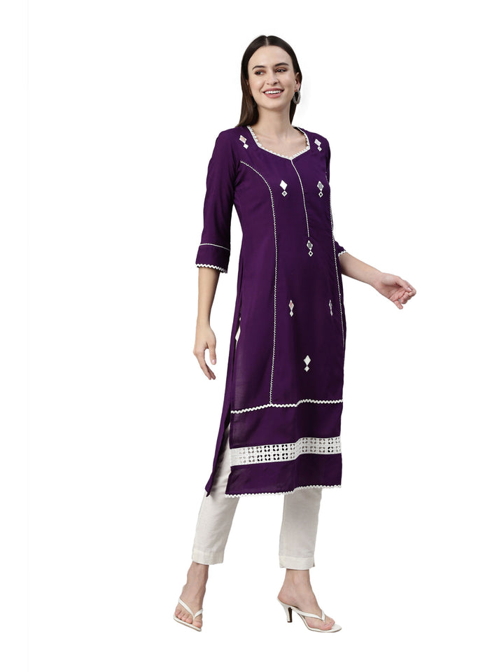 Neerus Purple rayon solid straight kurti - side view