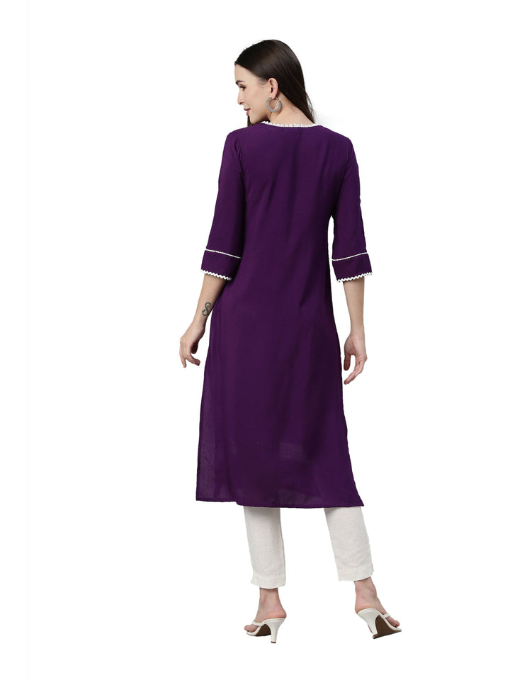 Neerus Purple rayon solid straight kurti - detail view 1