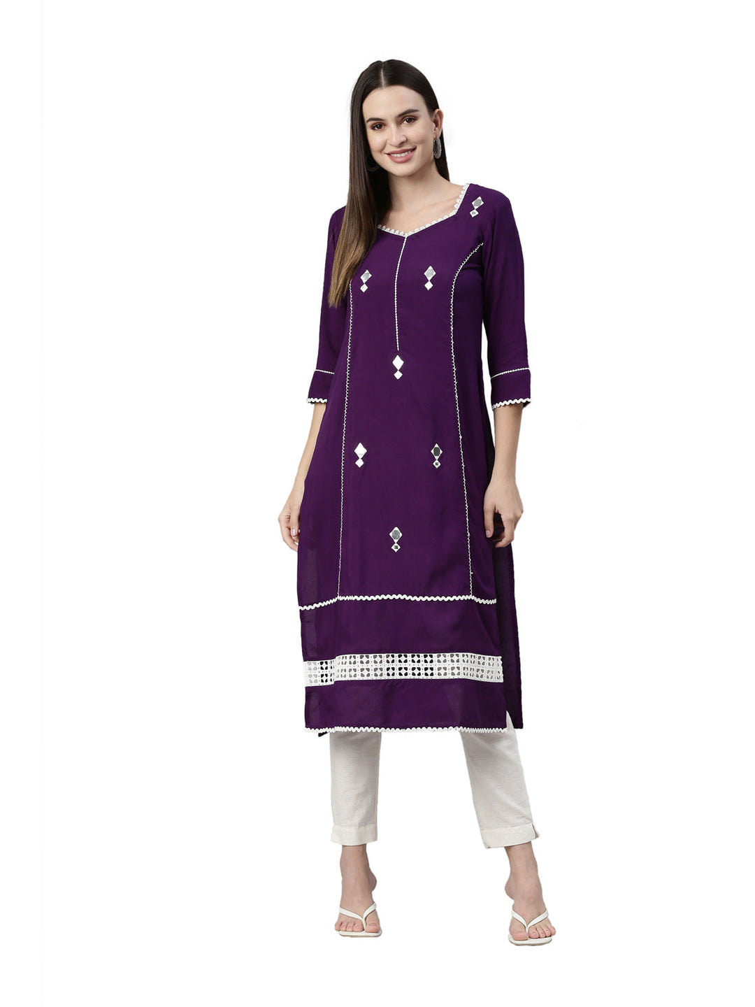 Neerus Purple rayon solid straight kurti - detail view 3