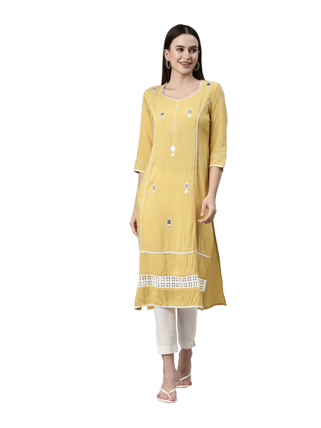 Neerus Yellow viscose rayon solid A-line kurti - front view