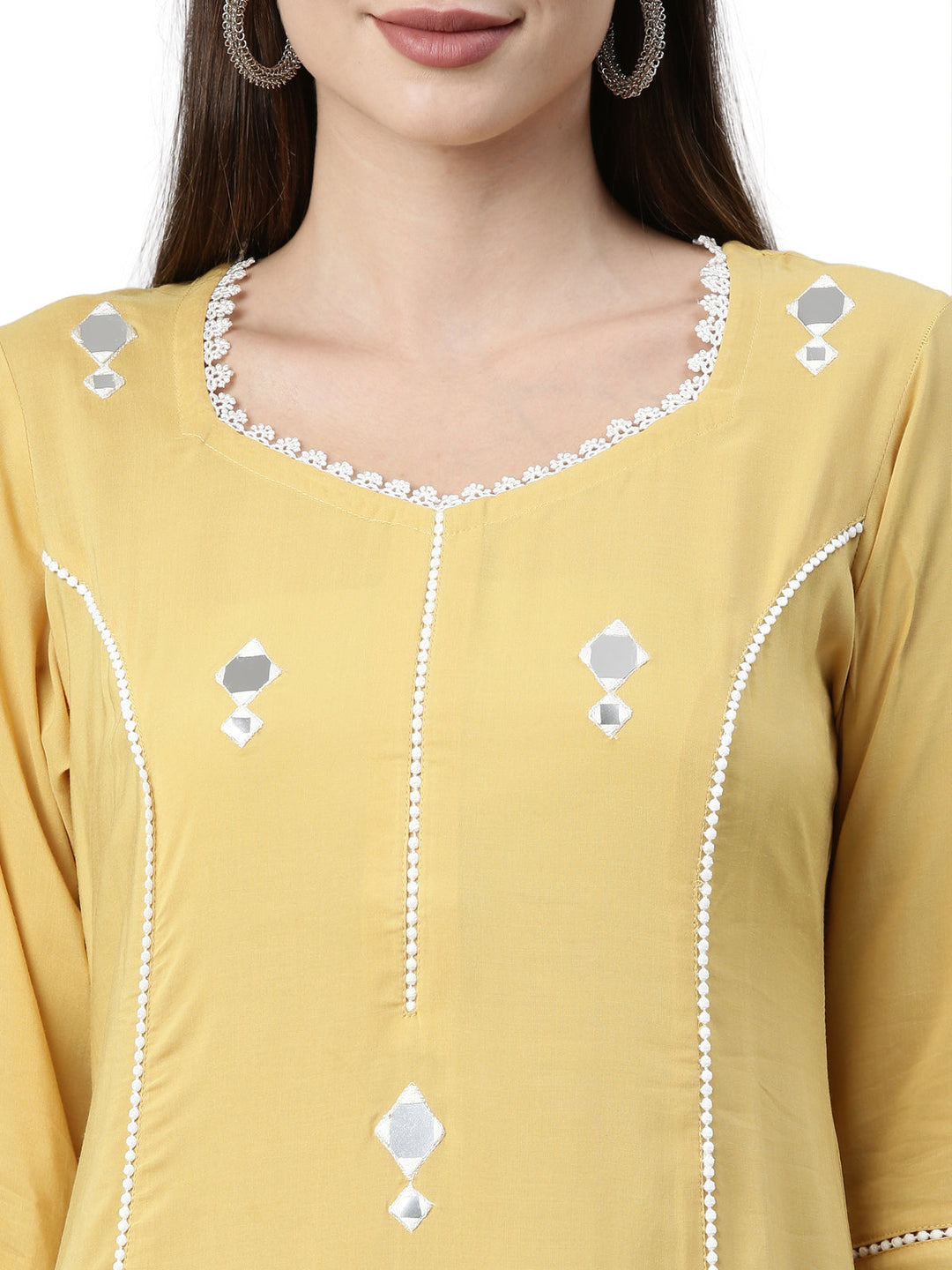 Neerus Yellow viscose rayon solid A-line kurti - back view