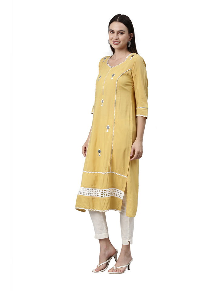 Neerus Yellow viscose rayon solid A-line kurti - side view