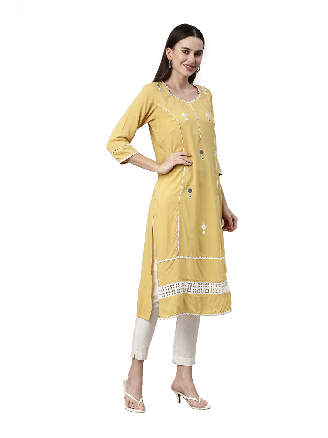 Neerus Yellow viscose rayon solid A-line kurti - detail view 1