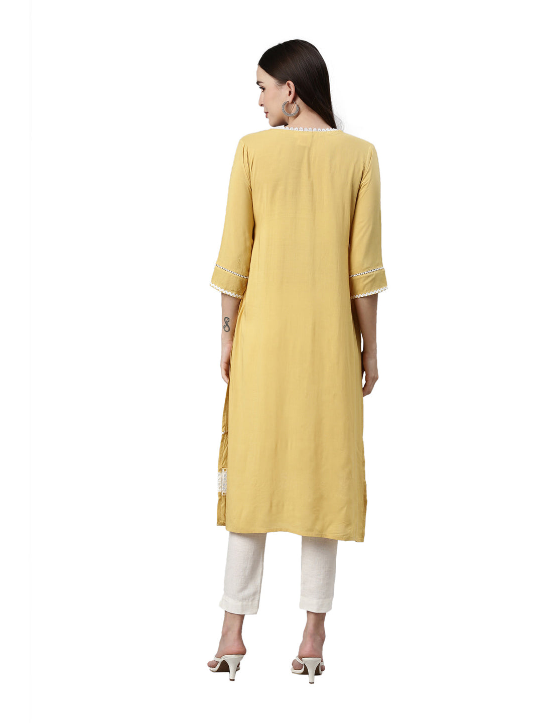 Neerus Yellow viscose rayon solid A-line kurti - detail view 2