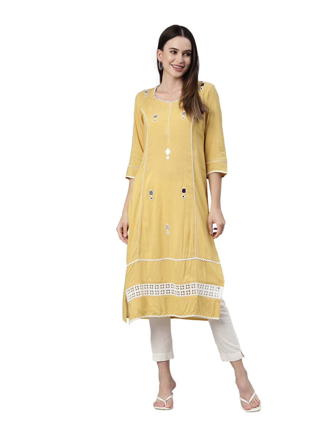 Neerus Yellow viscose rayon solid A-line kurti - detail view 3