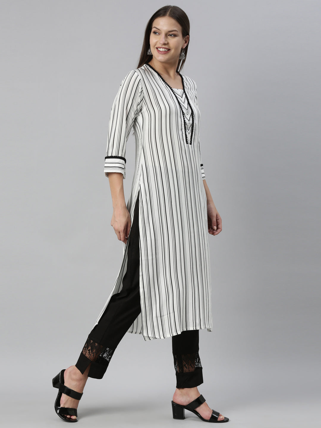 Neerus White rayon straight kurta set with palazzo - detail view 1