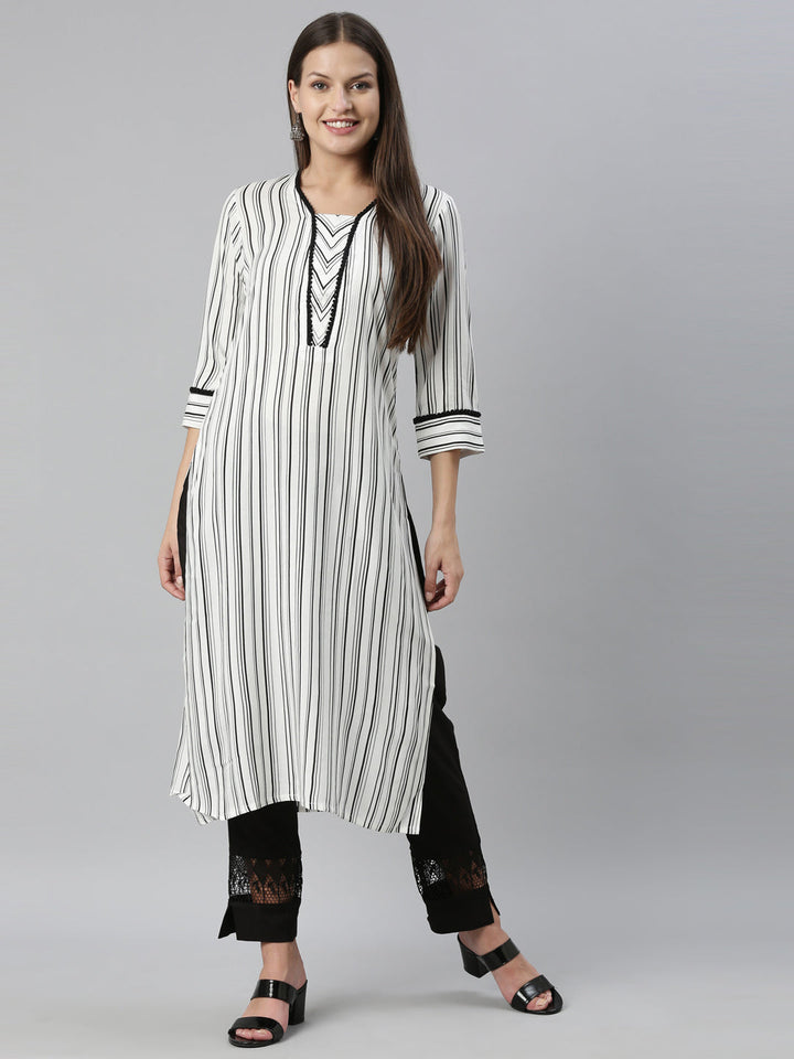 Neerus White rayon straight kurta set with palazzo - detail view 3