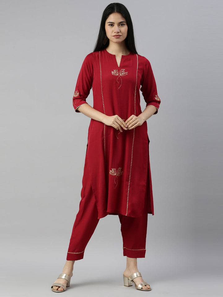 Neerus Maroon Viscose Rayon Thread Embroidered Suit Set - front view