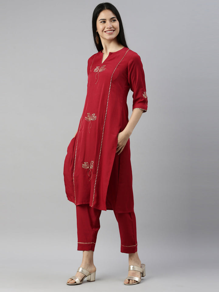 Neerus Maroon Viscose Rayon Thread Embroidered Suit Set - side view
