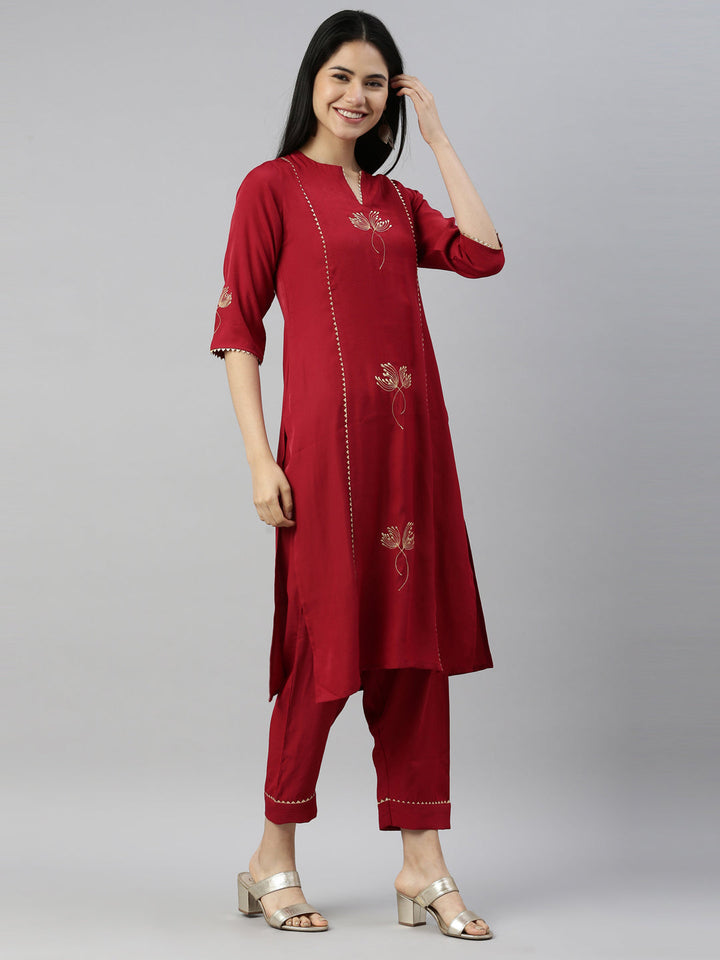 Neerus Maroon Viscose Rayon Thread Embroidered Suit Set - detail view 1