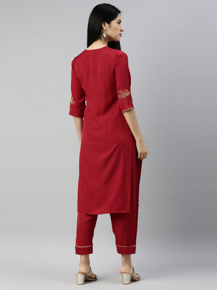 Neerus Maroon Viscose Rayon Thread Embroidered Suit Set - detail view 2