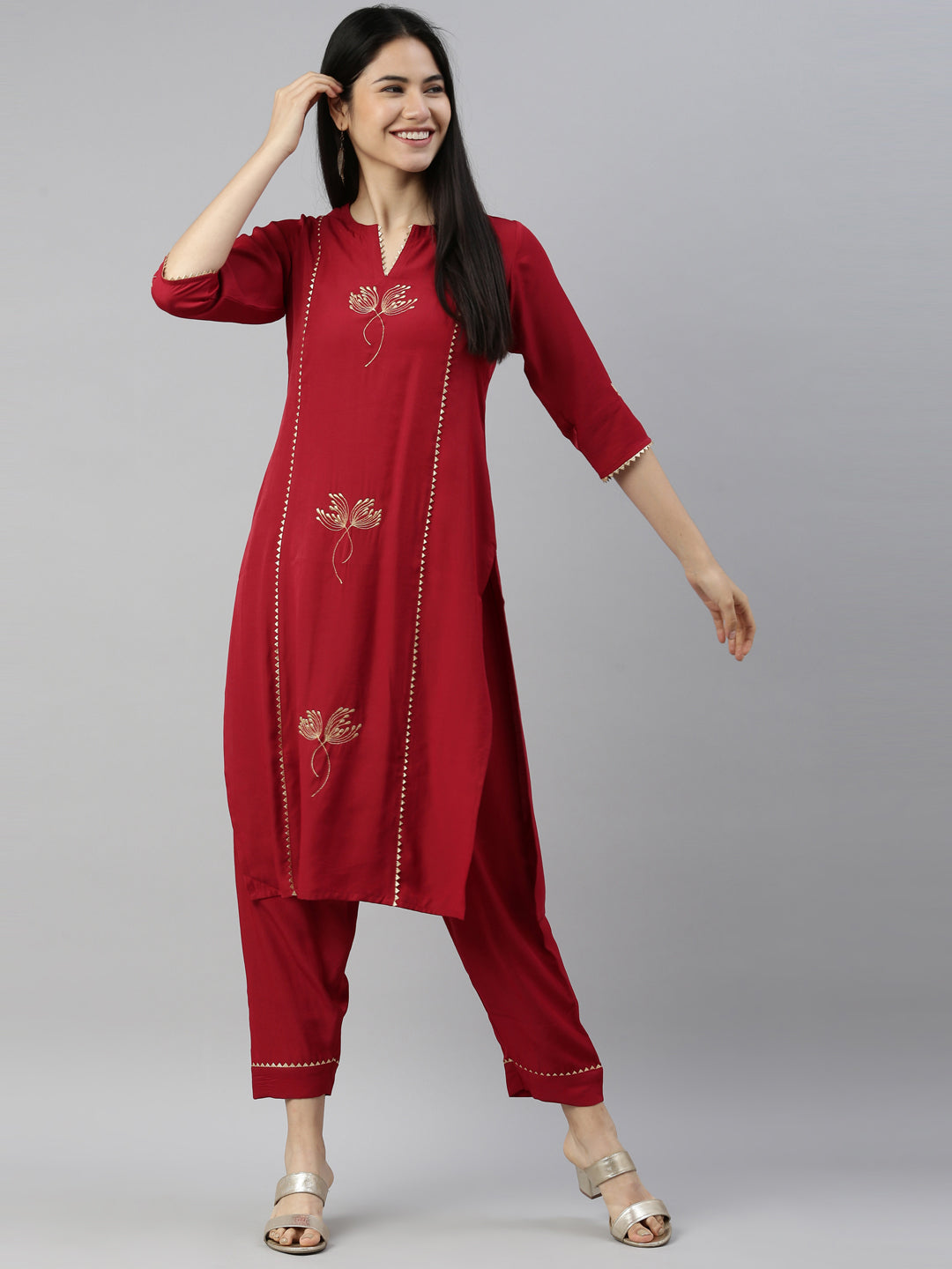 Neerus Maroon Viscose Rayon Thread Embroidered Suit Set - detail view 3