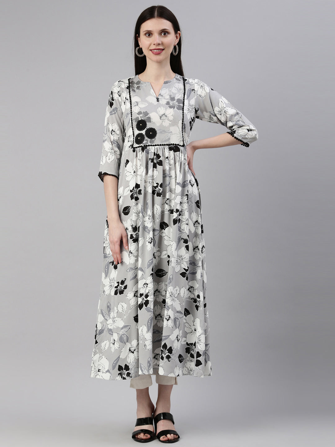 Neerus Grey rayon straight kurta - front view