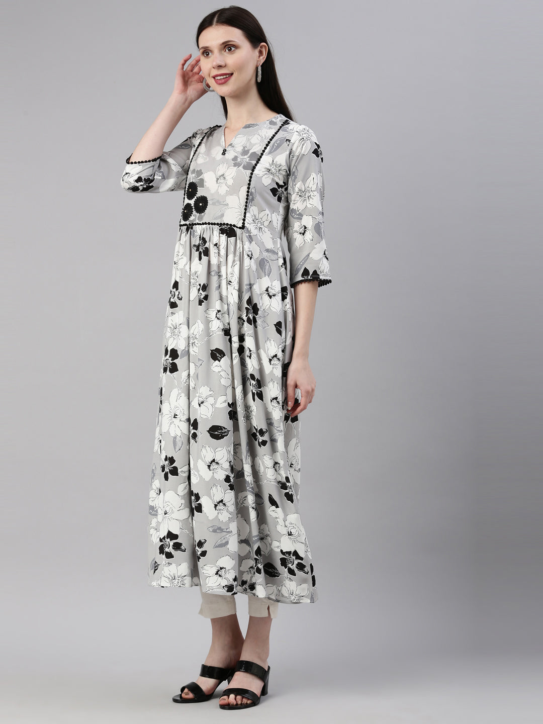 Neerus Grey rayon straight kurta - side view