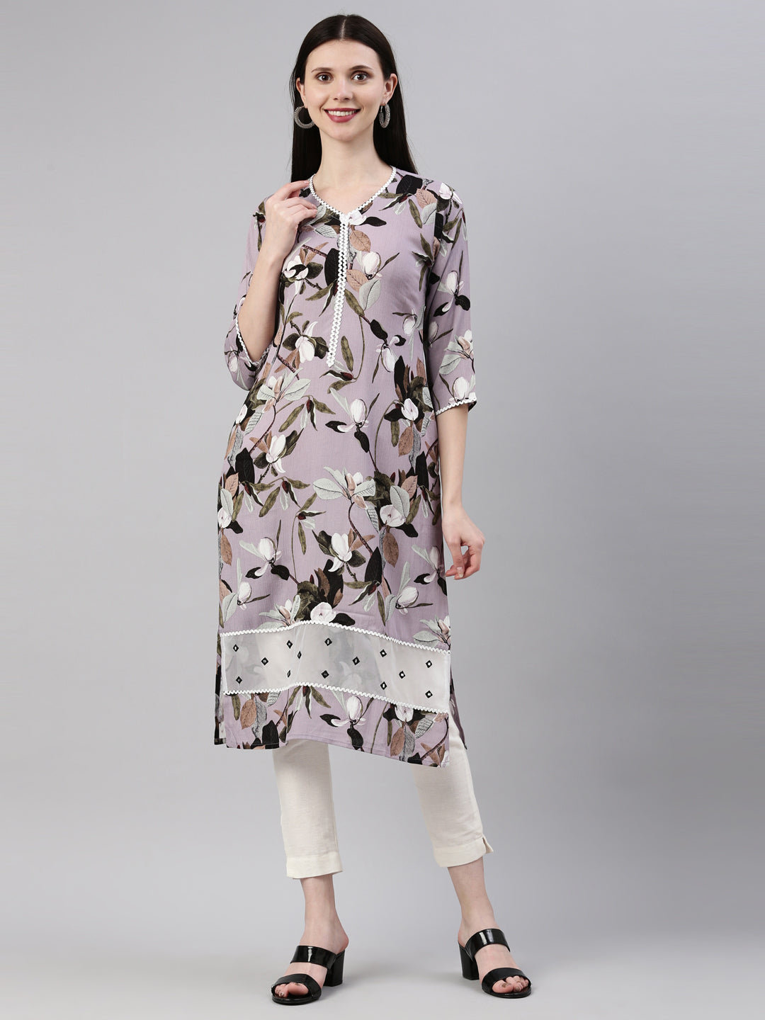 Neerus Purple rayon straight kurta - front view