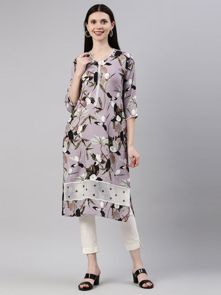 Neerus Purple rayon straight kurta - detail view 6