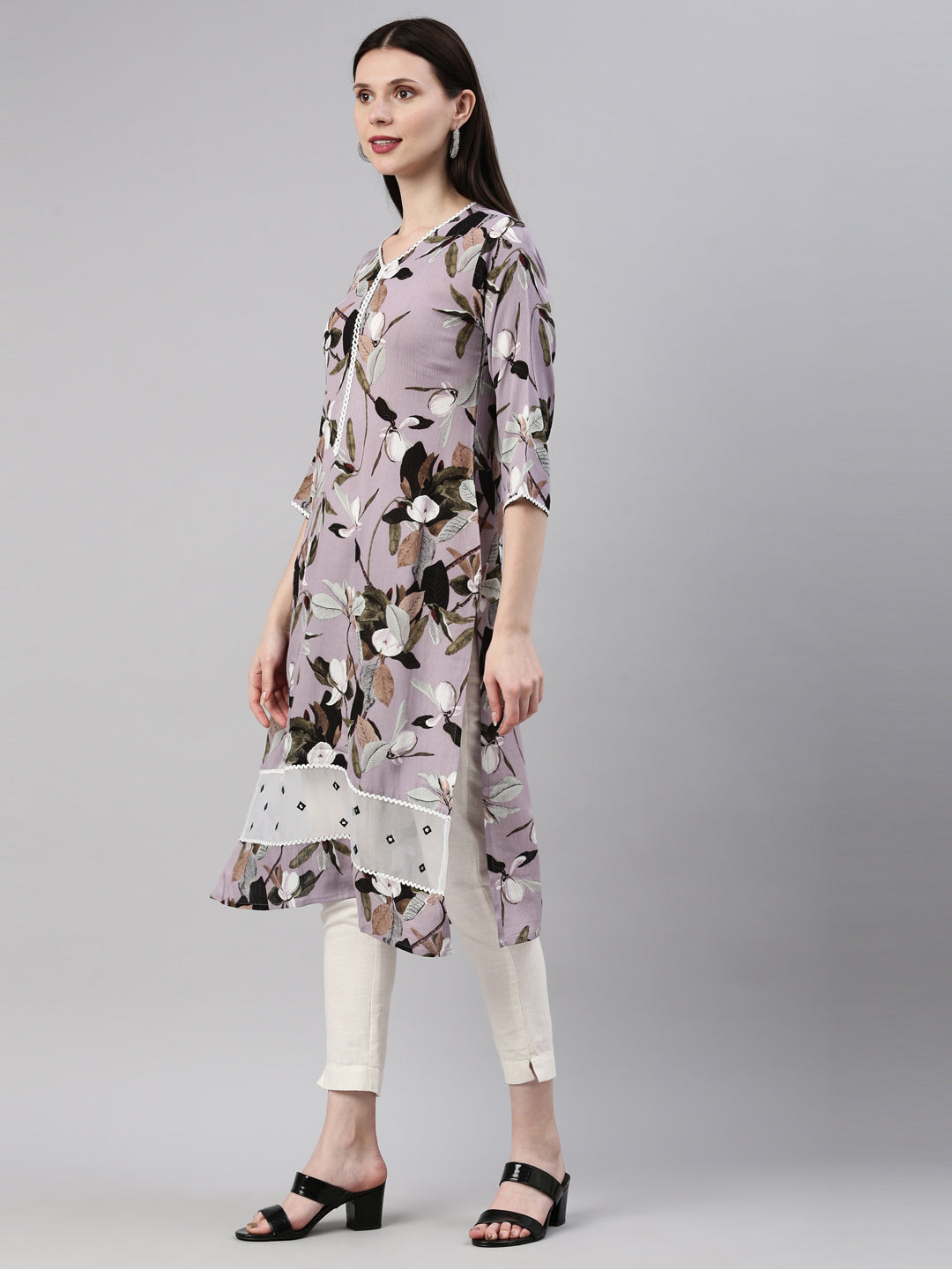Neerus Purple rayon straight kurta - side view